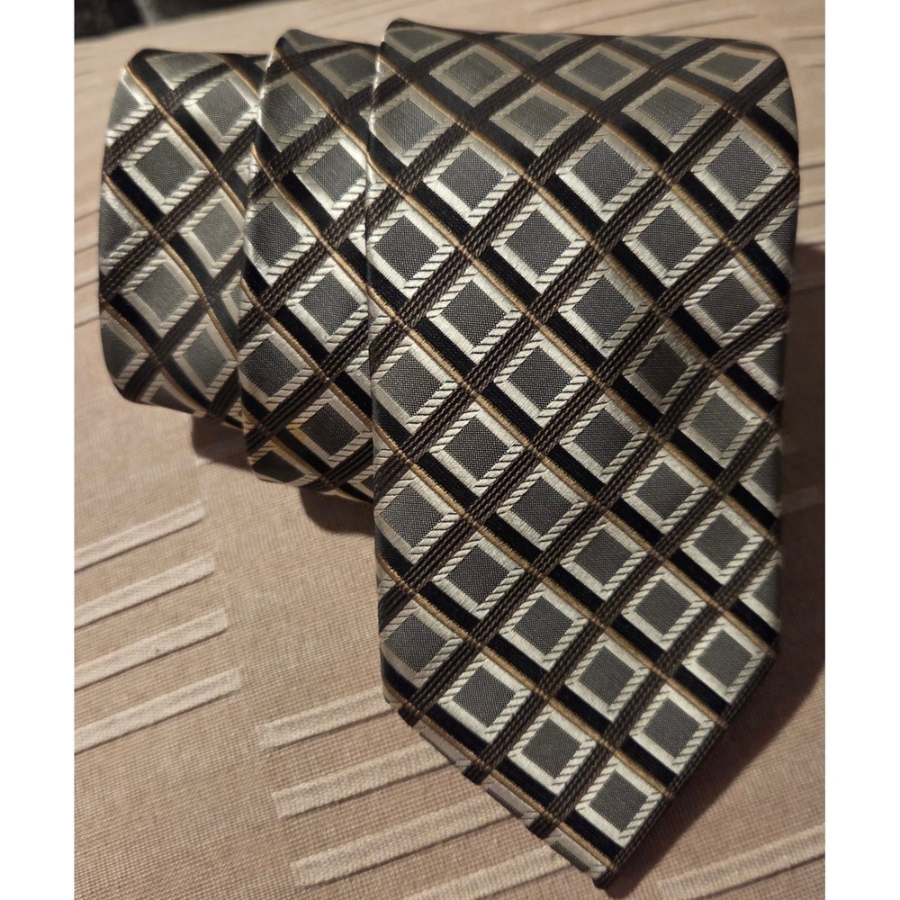 Ivy Crew Mens Geometric Square Pattern Necktie Grey Black Gold Hand Made Tie